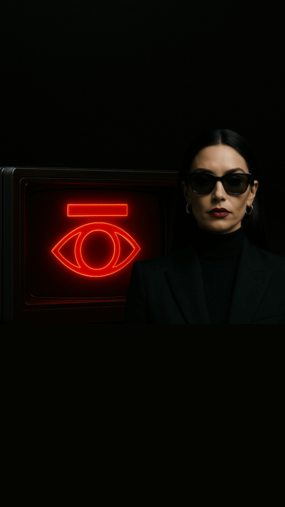 Woman with Sunglasses and Red Neon Obsidian Eye Symbol